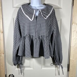 Polagram Black and White Plaid Peplum Blouse with Lace Collar